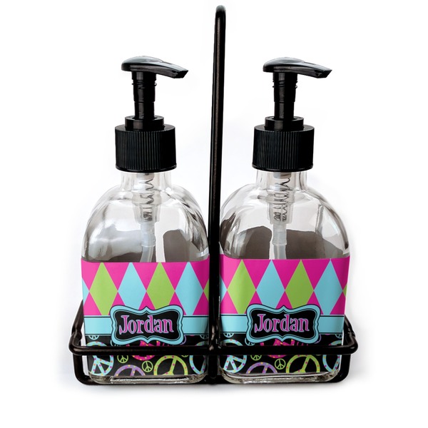 Custom Harlequin & Peace Signs Glass Soap & Lotion Bottles (Personalized)