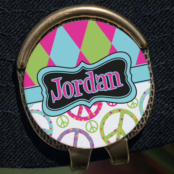 Harlequin & Peace Signs Golf Ball Marker Hat Clip - Gold - Close Up