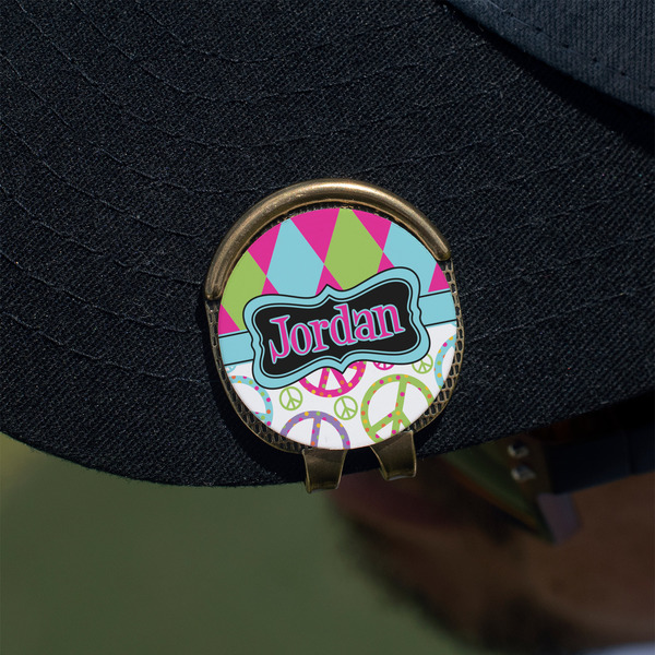 Harlequin & Peace Signs Golf Ball Marker Hat Clip - Gold - On Hat