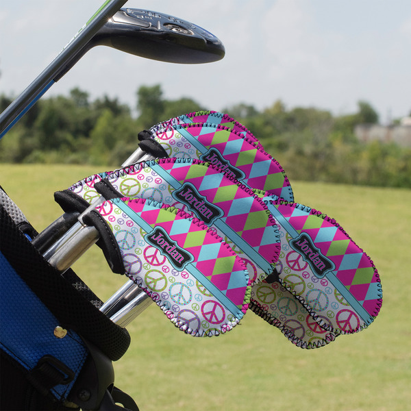 Custom Harlequin & Peace Signs Golf Club Iron Cover - Set of 9 (Personalized)