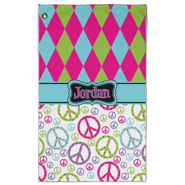Custom Harlequin & Peace Signs Golf Towel - Poly-Cotton Blend w/ Name or Text
