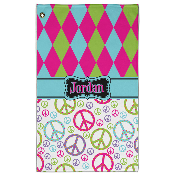 Custom Harlequin & Peace Signs Golf Towel - Poly-Cotton Blend - Large w/ Name or Text