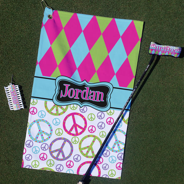 Custom Harlequin & Peace Signs Golf Towel Gift Set (Personalized)