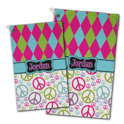 Harlequin & Peace Signs Golf Towel - Poly-Cotton Blend w/ Name or Text