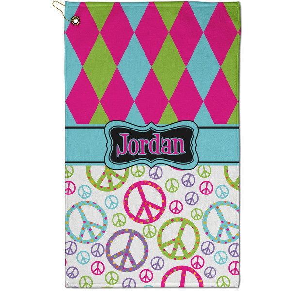 Custom Harlequin & Peace Signs Golf Towel - Poly-Cotton Blend - Small w/ Name or Text