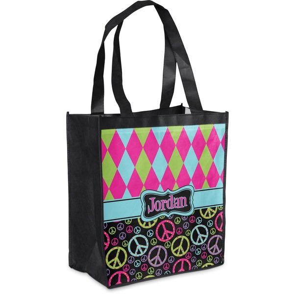 Custom Harlequin & Peace Signs Grocery Bag (Personalized)