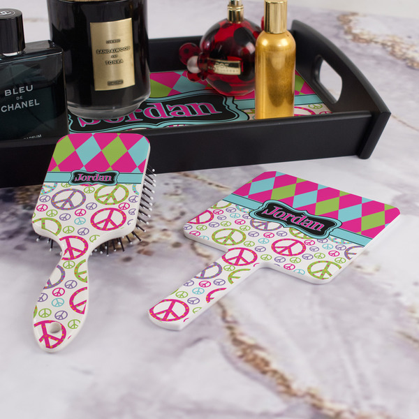 Harlequin & Peace Signs Hair Brush and Hand Mirror - Bathroom Scene
