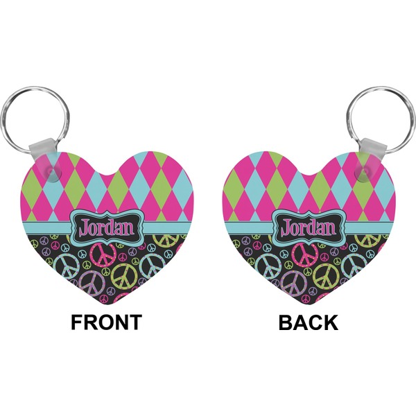 Harlequin & Peace Signs Heart Keychain (Front + Back)