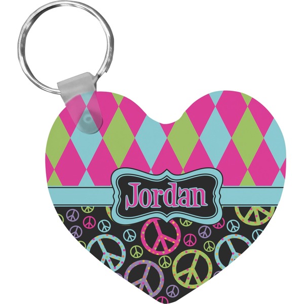 Custom Harlequin & Peace Signs Heart Plastic Keychain w/ Name or Text