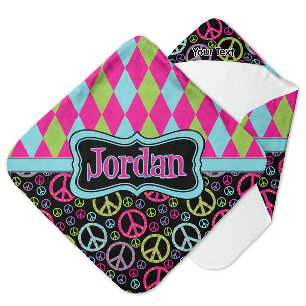 Custom Harlequin & Peace Signs Hooded Baby Towel (Personalized)