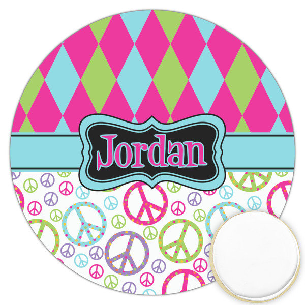 Custom Harlequin & Peace Signs Printed Cookie Topper - 3.25" (Personalized)
