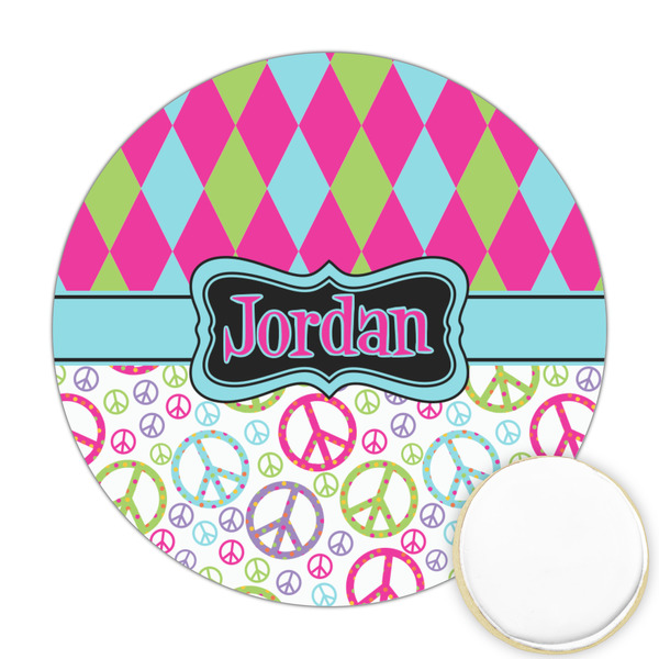 Custom Harlequin & Peace Signs Printed Cookie Topper - Round (Personalized)