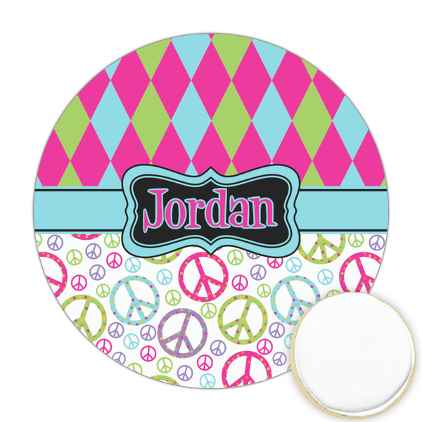 Custom Harlequin & Peace Signs Printed Cookie Topper - 2.5" (Personalized)