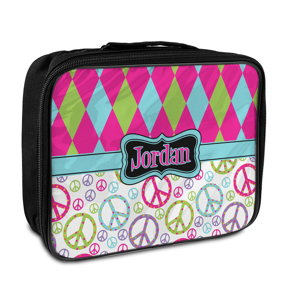 Custom Harlequin & Peace Signs Insulated Lunch Bag (Personalized)
