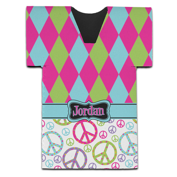 Custom Harlequin & Peace Signs Jersey Bottle Cooler (Personalized)