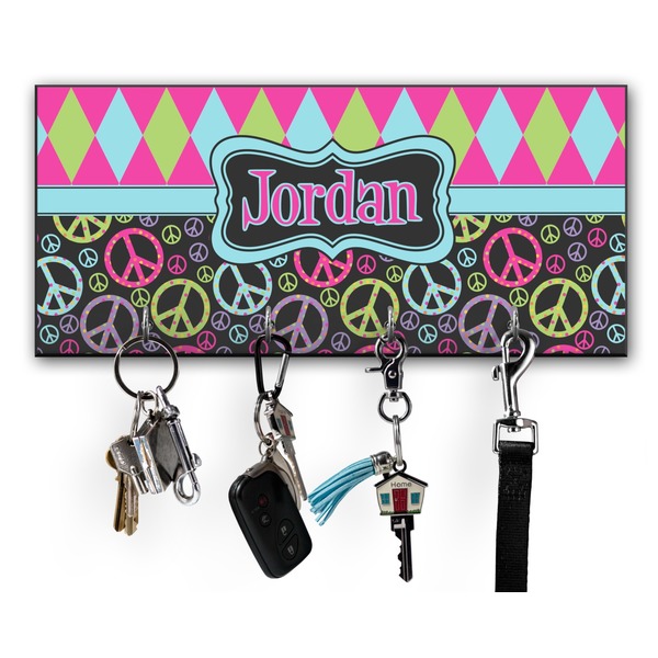 Custom Harlequin & Peace Signs Key Hanger w/ 4 Hooks w/ Name or Text