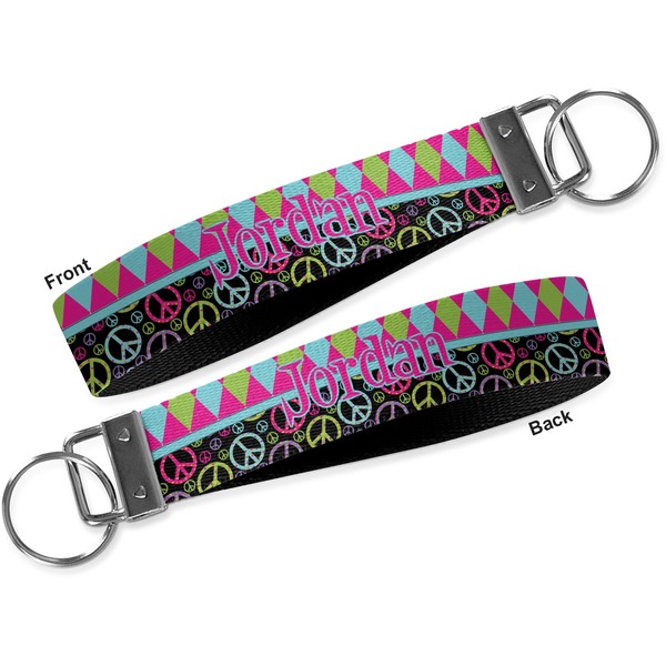 Harlequin & Peace Signs Key-chain - Metal and Nylon - Front and Back