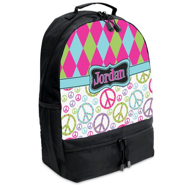 Custom Harlequin & Peace Signs Backpacks - Black (Personalized)