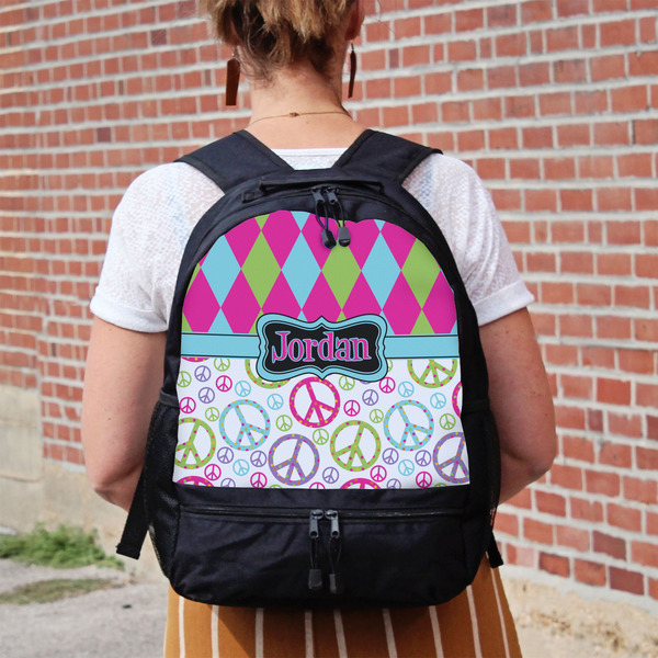 Harlequin & Peace Signs Large Backpack - Black - On Back