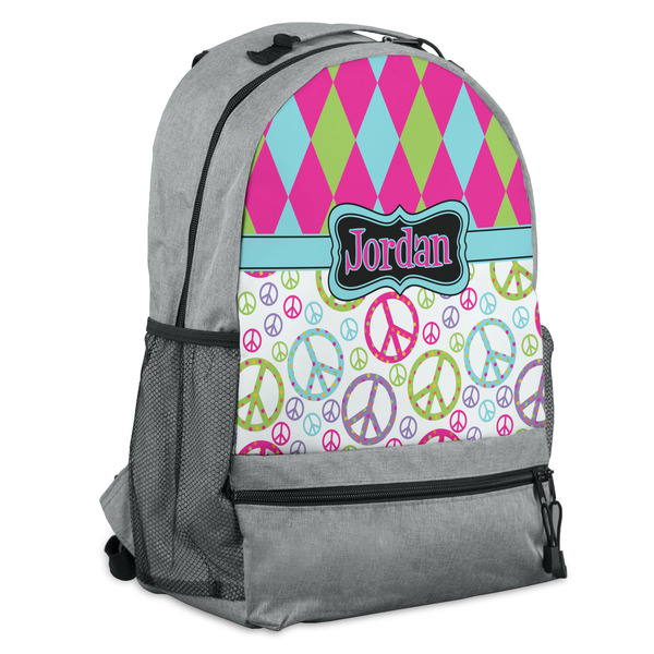 Custom Harlequin & Peace Signs Backpack - Grey (Personalized)