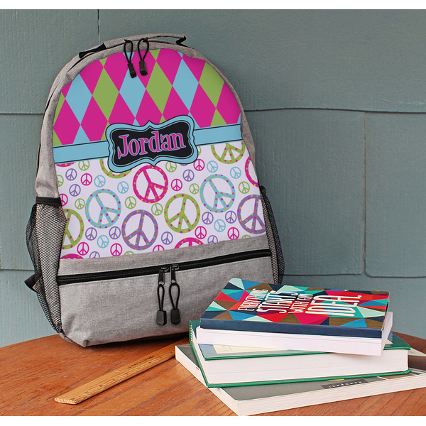 Harlequin & Peace Signs Large Backpack - Gray - On Desk
