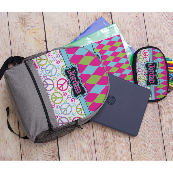 Harlequin & Peace Signs Large Backpack - Gray - With Stuff