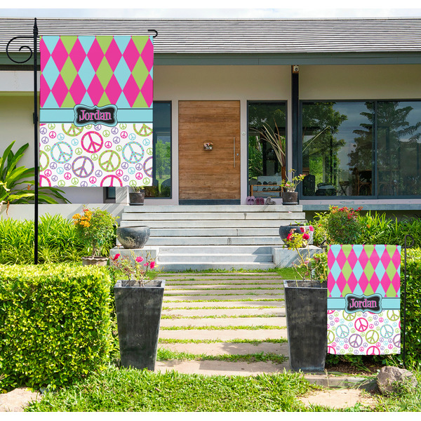 Custom Harlequin & Peace Signs Large Garden Flag - Double Sided (Personalized)