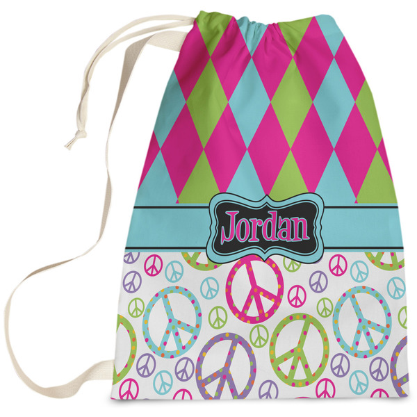 Custom Harlequin & Peace Signs Laundry Bag - Large (Personalized)