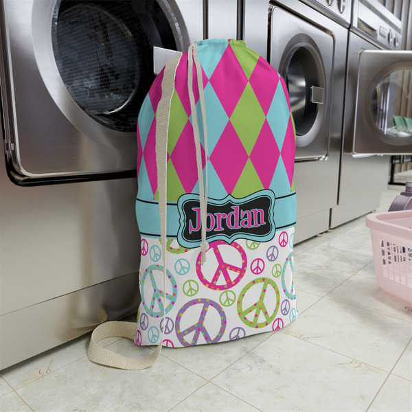 Harlequin & Peace Signs Large Laundry Bag - In Context