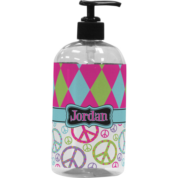 Custom Harlequin & Peace Signs Plastic Soap / Lotion Dispenser (16 oz - Large - Black) (Personalized)