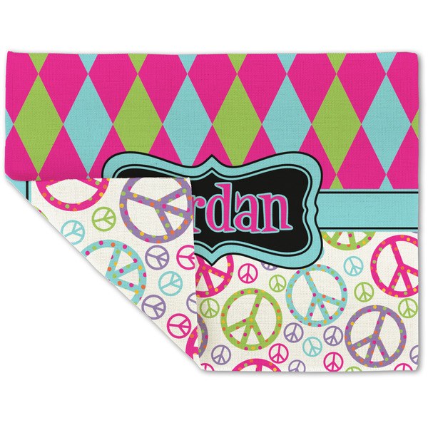 Custom Harlequin & Peace Signs Double-Sided Linen Placemat - Single w/ Name or Text