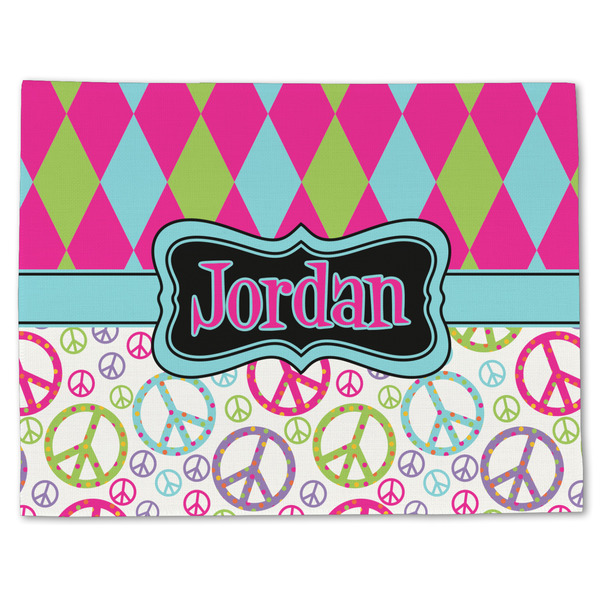 Custom Harlequin & Peace Signs Single-Sided Linen Placemat - Single w/ Name or Text