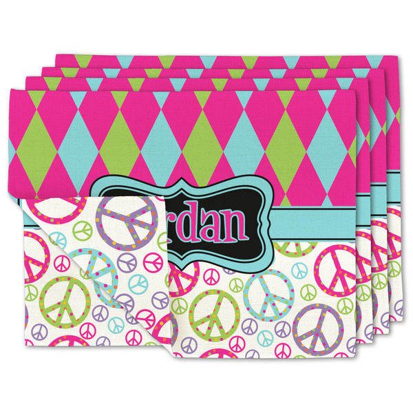 Custom Harlequin & Peace Signs Linen Placemat w/ Name or Text