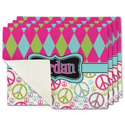 Harlequin & Peace Signs Single-Sided Linen Placemat - Set of 4 w/ Name or Text