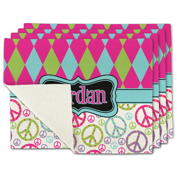 Custom Harlequin & Peace Signs Single-Sided Linen Placemat - Set of 4 w/ Name or Text