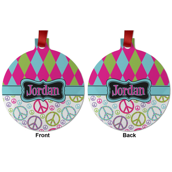 Harlequin & Peace Signs Metal Ball Ornament - Front and Back