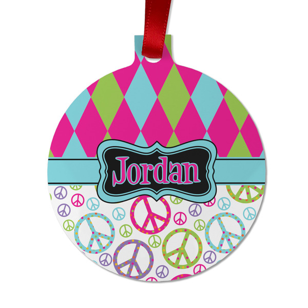 Custom Harlequin & Peace Signs Metal Ball Ornament - Double Sided w/ Name or Text