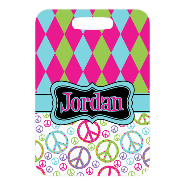 Harlequin & Peace Signs Metal Luggage Tag - Front Without Strap