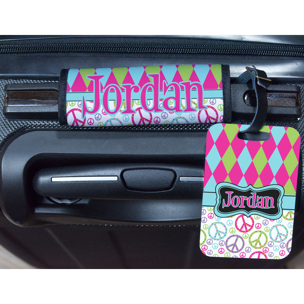 Harlequin & Peace Signs Metal Luggage Tag & Handle Wrap - In Context