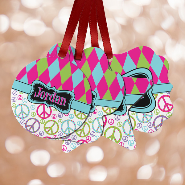 Custom Harlequin & Peace Signs Metal Ornaments - Double Sided w/ Name or Text