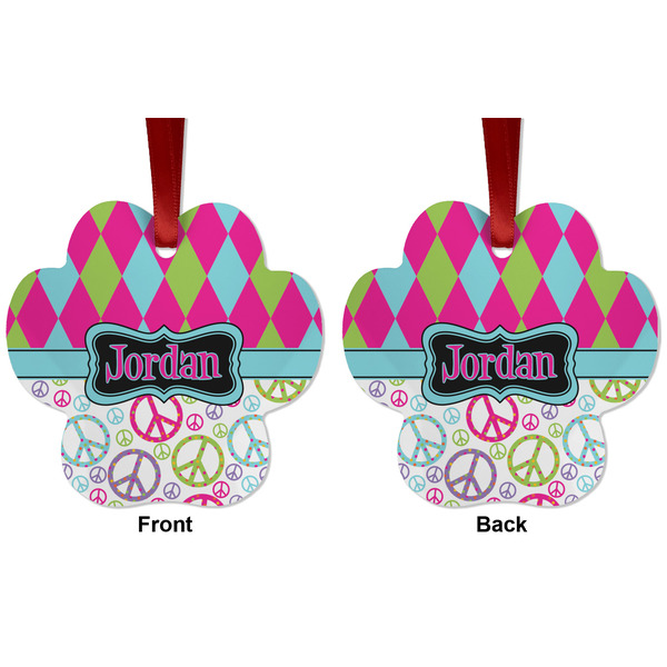 Harlequin & Peace Signs Metal Paw Ornament - Front and Back