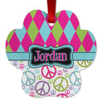 Harlequin & Peace Signs Metal Paw Ornament - Double Sided w/ Name or Text