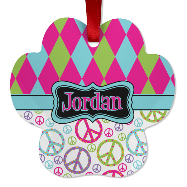 Custom Harlequin & Peace Signs Metal Paw Ornament - Double Sided w/ Name or Text
