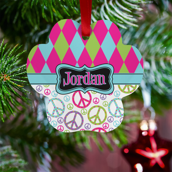 Harlequin & Peace Signs Metal Paw Ornament - Lifestyle