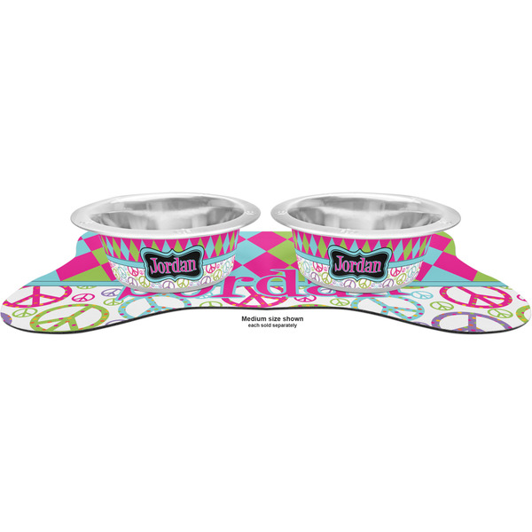 Harlequin & Peace Signs Metal Pet Bowls - On Dog Bone Shaped Mat