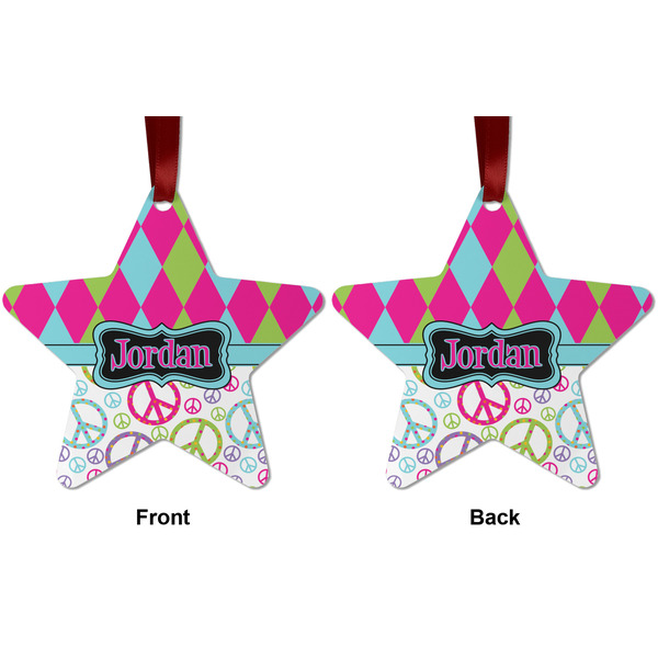 Harlequin & Peace Signs Metal Star Ornament - Front and Back