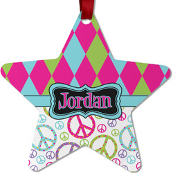 Harlequin & Peace Signs Metal Star Ornament - Double Sided w/ Name or Text