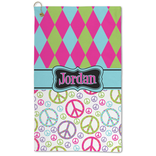 Custom Harlequin & Peace Signs Microfiber Golf Towel - Large (Personalized)