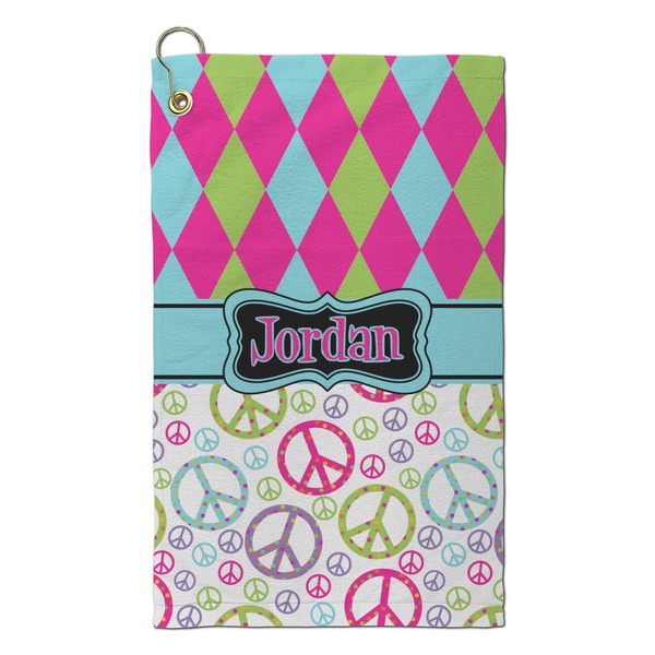 Custom Harlequin & Peace Signs Microfiber Golf Towel - Small (Personalized)