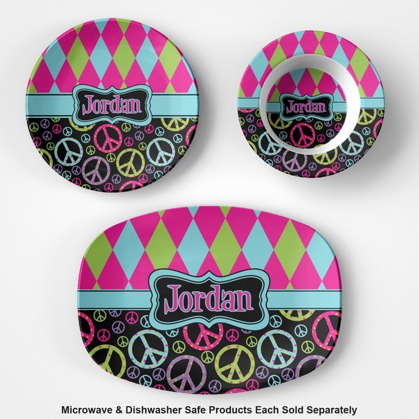 Harlequin & Peace Signs Microwave & Dishwasher Safe CP Plastic Dishware - Group